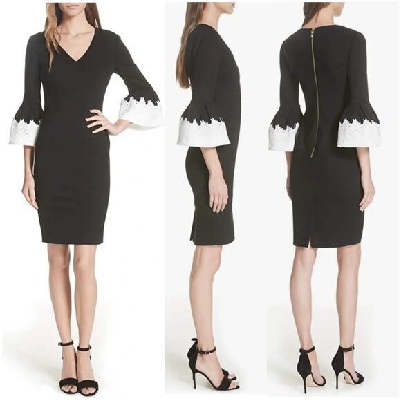 Ted Baker Women's Size 2 Rastrel Bell Sleeve‎ Dress Black Sheath Cocktail - Picture 1 of 10